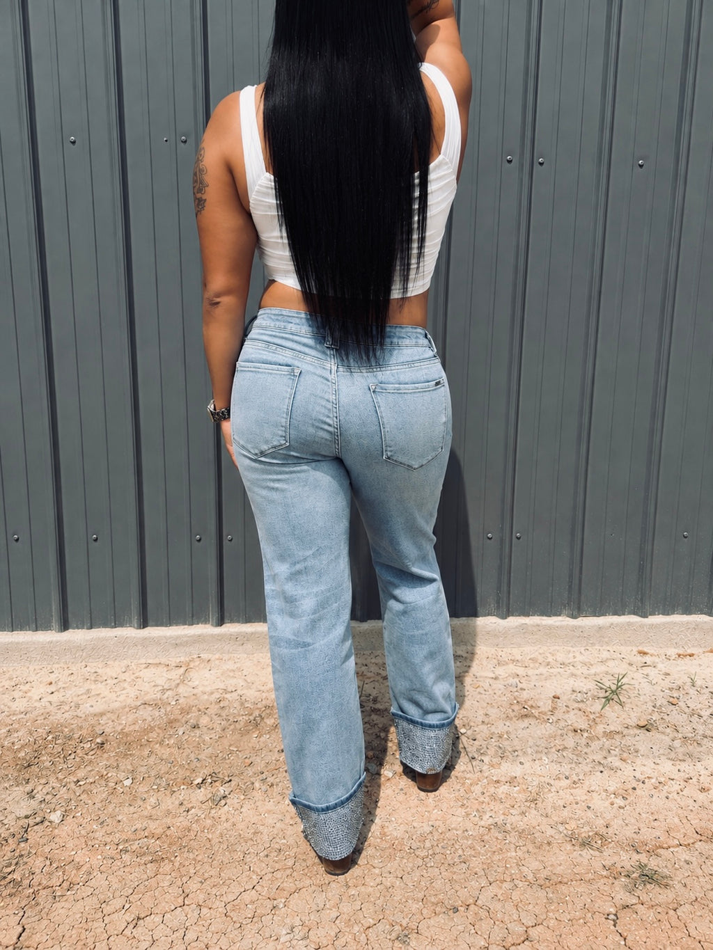 Denim Rhinestone Cuffed Jeans