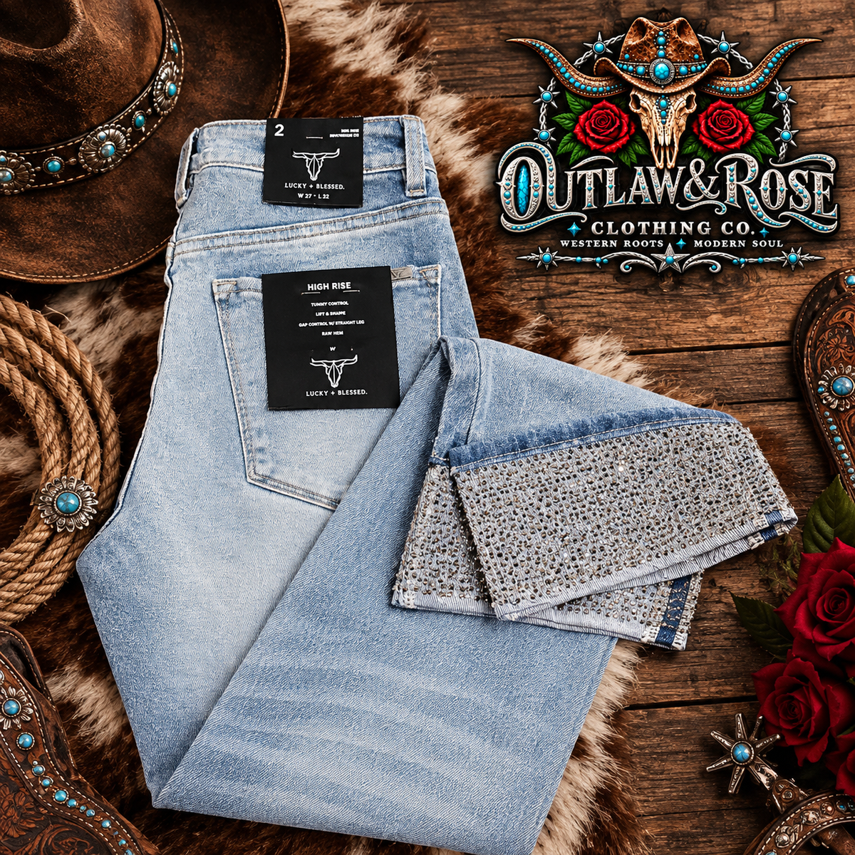 Denim Rhinestone Cuffed Jeans