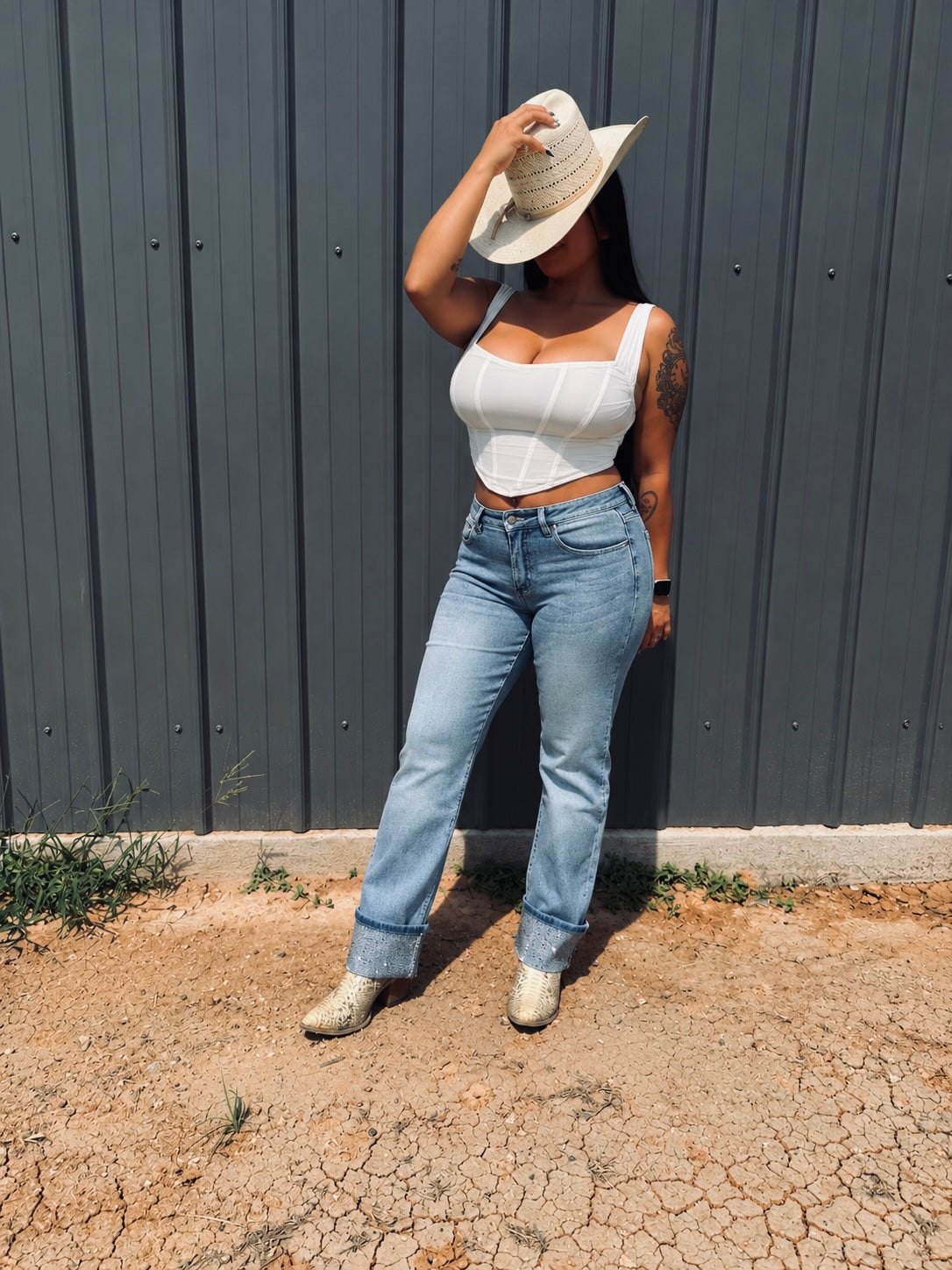 Denim Rhinestone Cuffed Jeans